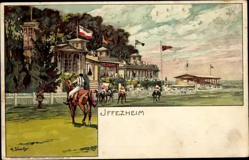 Künstler Litho Junker, H., Iffezheim am Rhein, Pferderennbahn, Tribüne