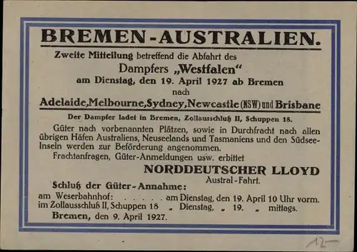 Ak Norddeutscher Lloyd Bremen, Dampfer Westfalen, Bremen Australien 1927