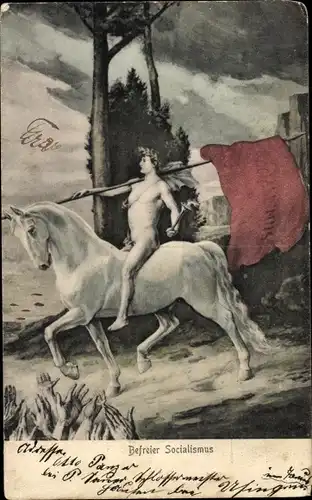 Ak Befreiter Sozialismus, Reiter mit roter Fahne, Allegorie