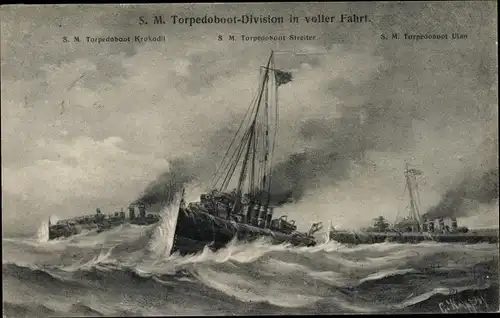 Künstler Ak Österreichische Kriegsschiffe,SMS Krokodil, Streiter, Ulan, Torpedoboote in voller Fahrt