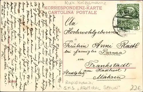 Ak Österreichisches Kriegsschiff, SMS Admiral Spaun, Rapidkreuzer