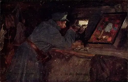 Künstler Ak Larwin, Hans, Kuk Soldat am Gewehr, In der Deckung