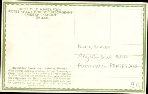 Künstler Ak Kuk Armee, Russischer Panzerzug im österr. Feuer, I. WK