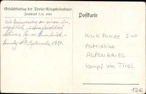 Künstler Ak Gedächtnistag der Tiroler Kriegsteilnehmer, Innsbruck 07 09 1924