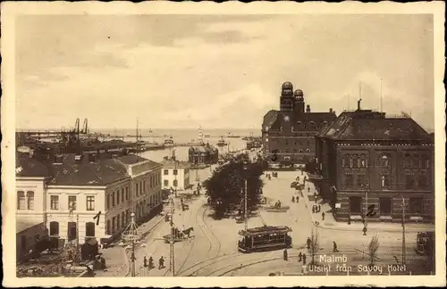 Ak Malmö Schweden, Utsikt fran Savoy Hotel, Straßenbahn