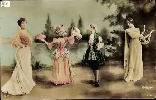 Ak Tanzendes elegantes Paar, Frau mit Handharfe