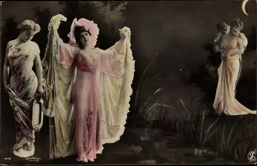 Ak Junge Frauen im Mondschein, Liebespaar