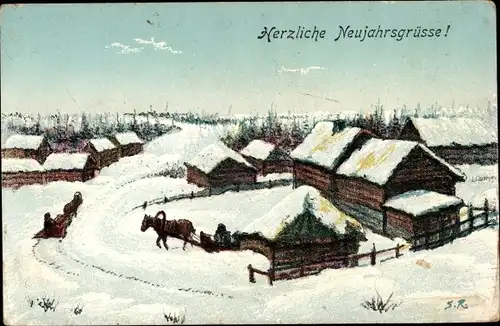 Künstler Ak Glückwunsch Neujahr, Winterliche Ortschaft, Schlittengespanne