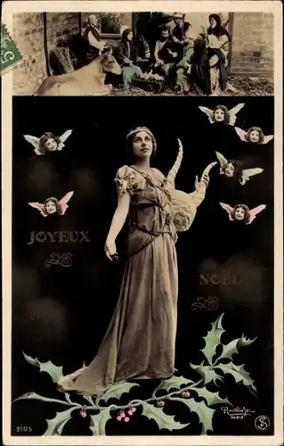 Ak Glückwunsch Weihnachten, Engel, Stechpalmenzweige, Krippenszene, Frauenportrait