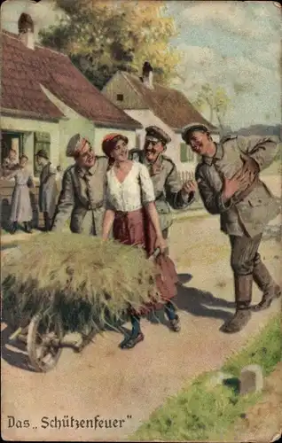 Künstler Ak Immer Fachmann, Nr. 9 Das Schützenfeier, Soldaten buhlen um Frau mit Heukarre