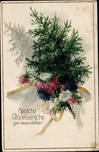 Ak Glückwunsch Neujahr, Tannenbaum mit Blumen