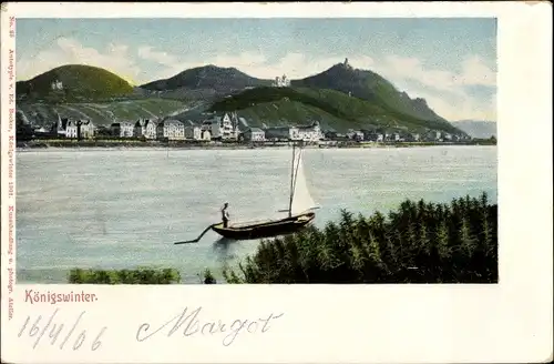 Ak Königswinter am Rhein, Rheinpartie mit Blick auf den Ort, Boot