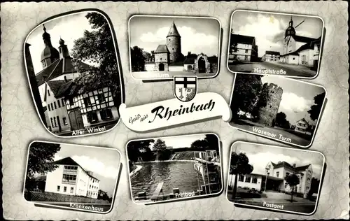 Ak Rheinbach im Rhein Sieg Kreis, Alter Winkel, Hexenturm, Hauptstraße, Krankenhaus, Freibad, Post