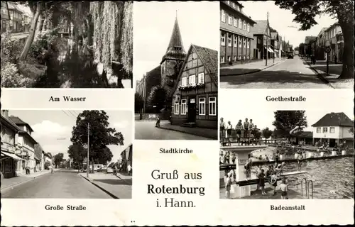 Ak Rotenburg an der Wümme, Stadtkirche, Große Straße, Badeanstalt, Goethestraße, Wasserpartie