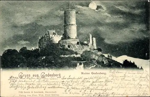 Mondschein Ak Bad Godesberg Bonn am Rhein, Ruine Godesburg