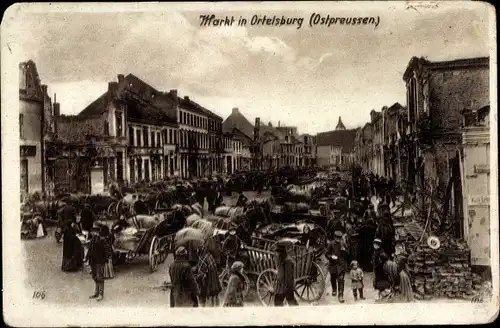 Ak Szczytno Ortelsburg Ostpreußen, Fuhrwerke, Kriegszerstörungen, Markt, I. WK