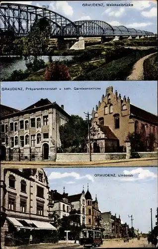 Ak Grudziądz Graudenz Westpreußen, Weichselbrücke, Präparandenanstalt, Garnisonkirche, Lindenstraße