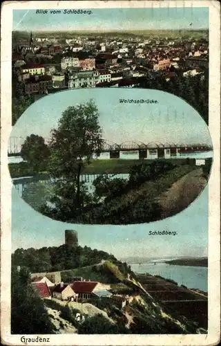 Ak Grudziądz Graudenz Westpreußen, Stadtpanorama, Schlossberg, Weichselbrücke