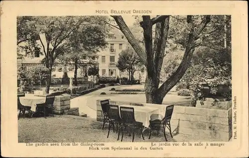 Ak Dresden Altstadt, Hotel Bellevue, Blick vom Speisesaal in den Garten, Theaterplatz