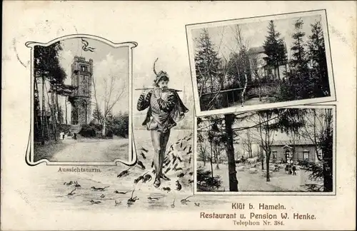 Ak Klüt bei Hameln in Niedersachsen, Aussichtsturm, Restaurant und Pension W. Henke, Rattenfänger