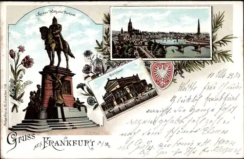 Wappen Litho Frankfurt am Main, Opernhaus, Kaiser Wilhelm Denkmal, Blick auf den Ort