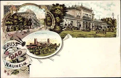 Litho Bad Nauheim in Hessen, Parkstraße, Kurhaus, Münzenberg