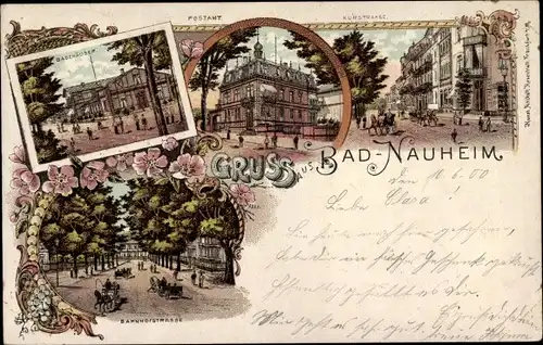 Litho Bad Nauheim in Hessen, Badehäuser, Postamt, Kurstraße, Bahnhofstraße