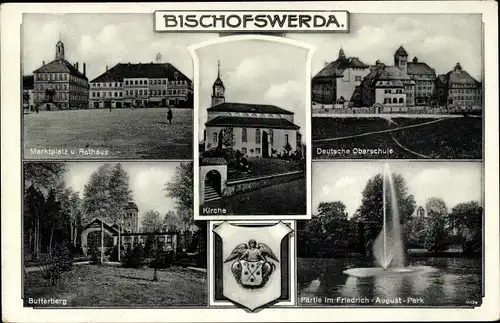 Ak Bischofswerda in Sachsen, Marktplatz, Rathaus, Deutsche Oberschule, Butterberg, Kirche, Wappen