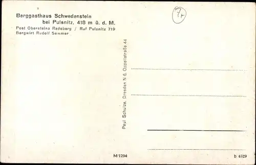 Ak Pulsnitz Sachsen, Berggasthaus Schwedenstein, Aussichtsturm