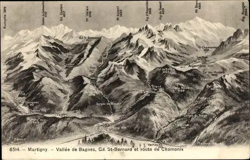 Landkarten Ak Martigny Kanton Wallis, Vallée de Bagnes, Cd. St. Bernard et route de Chamonix