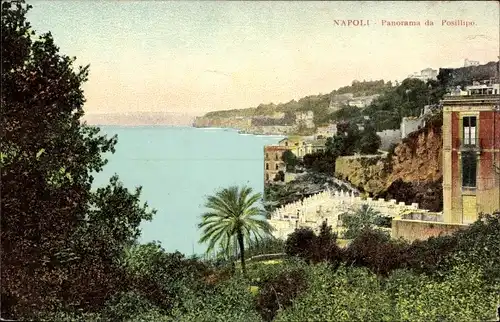 Ak Napoli Campania, Panorama da Posillipo, Palmen, Häuser am Meer