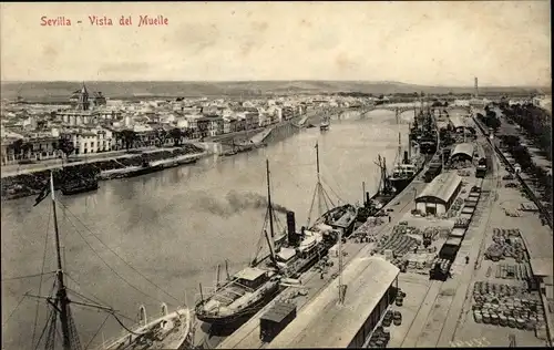 Ak Sevilla Andalusien Spanien, Vista del Muelle, puerto, barcos