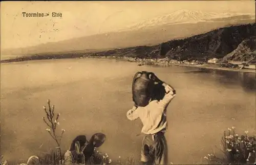 Ak Taormina Sicilia, Panorama mit Etna, Amphorenträger