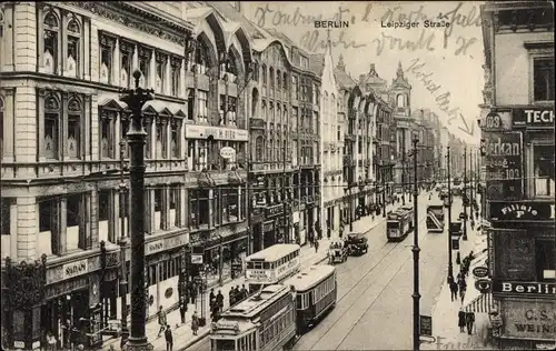 Ak Berlin Mitte, Leipziger Straße, Straßenbahn, Passanten, Werbeschilder