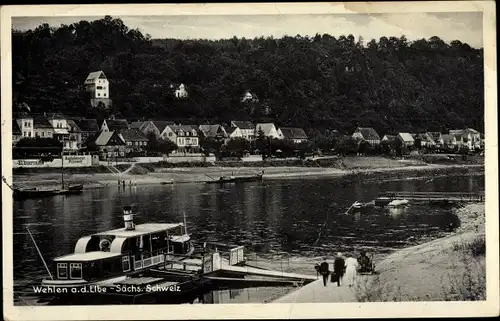 Ak Wehlen an der Elbe Sächsische Schweiz, Panorama, Schiff, Anleger, Passanten