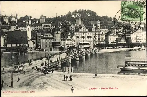 Ak Luzern Stadt Schweiz, Blick über die Neue Brücke zur Stadt, Straßenbahn