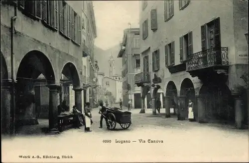 Ak Lugano Kt. Tessin Schweiz, Via Canova, Straßenpartie in der Stadt