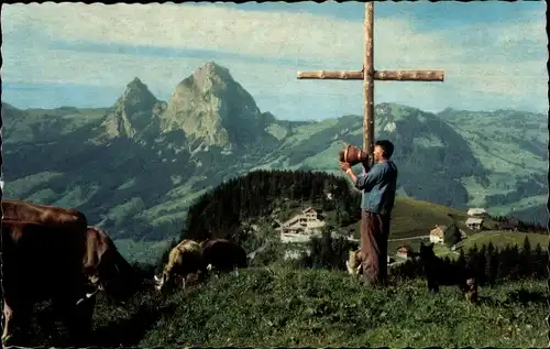 Ak Stoos Morschach Kanton Schwyz, Mann am Kreuz stehend mit Blick auf den Ort, Kühe