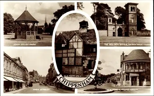 Ak Chippenham Wiltshire England, John Coles Park, Golden Gates Derry Hill, High Street, Town Hall