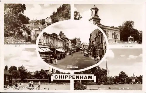 Ak Chippenham Wiltshire England, High Street, Park, Mill from Town Bridge, Bowling Green, Church