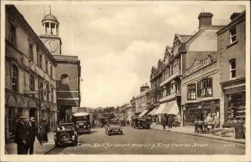 Ak Bridport Dorset England, Town Hall, Shewing King Charles House, Uhrenturm