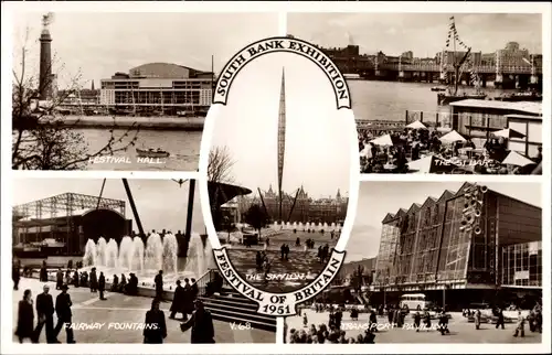 Ak South Bank London City, Exhibition, Festival of Britain 1951, Festival Hall, Fountains, Transport