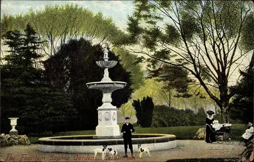 Ak Cardiff Wales, The Fountain Sophia Gardens, Junge mit Hunden, Frau mit Kinderwagen