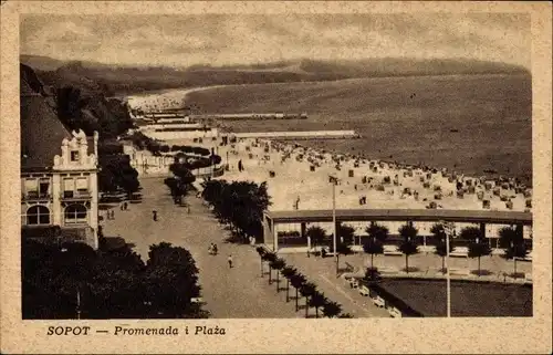Ak Sopot in Danzig, Promenada i Plaza, Blick auf den Strand mit Strandkörben