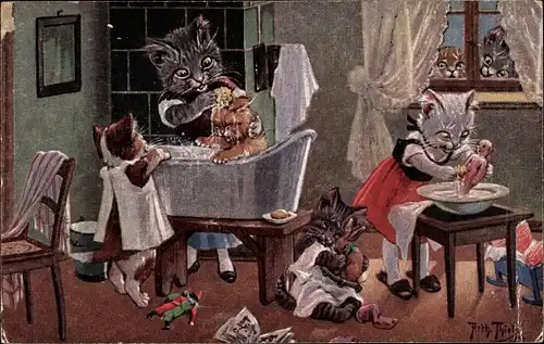 Künstler Ak Thiele, Arthur, Reinlichkeit ist eine Zier, Vermenschlichte Katzen beim Waschen