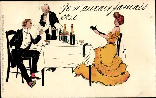 Künstler Ak Thackeray, Lance, Paar im Restaurant, Champagner, Kellner