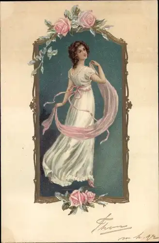 Präge Passepartout Litho Junge Frau im weißen Kleid, Tuch, Blumen