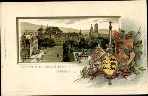 Präge Wappen Passepartout Litho Stuttgart in Württemberg, Altes Schloss, Schlossplatz