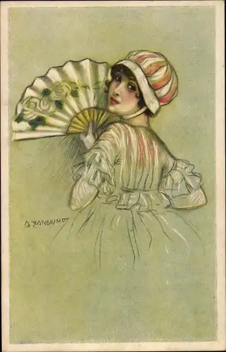 Künstler Ak Zandrino, A., Junge Frau mit Fächer, Mütze
