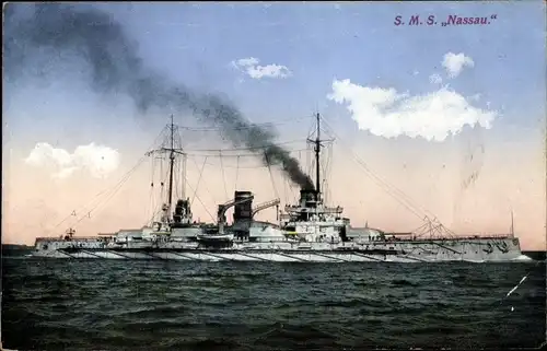 Ak Deutsches Kriegsschiff SMS Nassau, Kaiserliche Marine, Großlinienschiff, Nassau Klasse